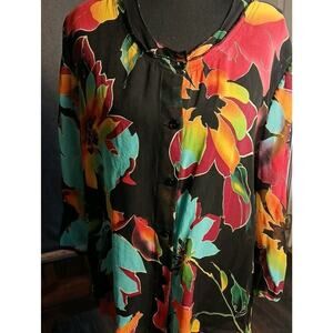 Soft Surrounding Womens M 100% Silk Blouse Floral Sheer 3/4 Sleeve